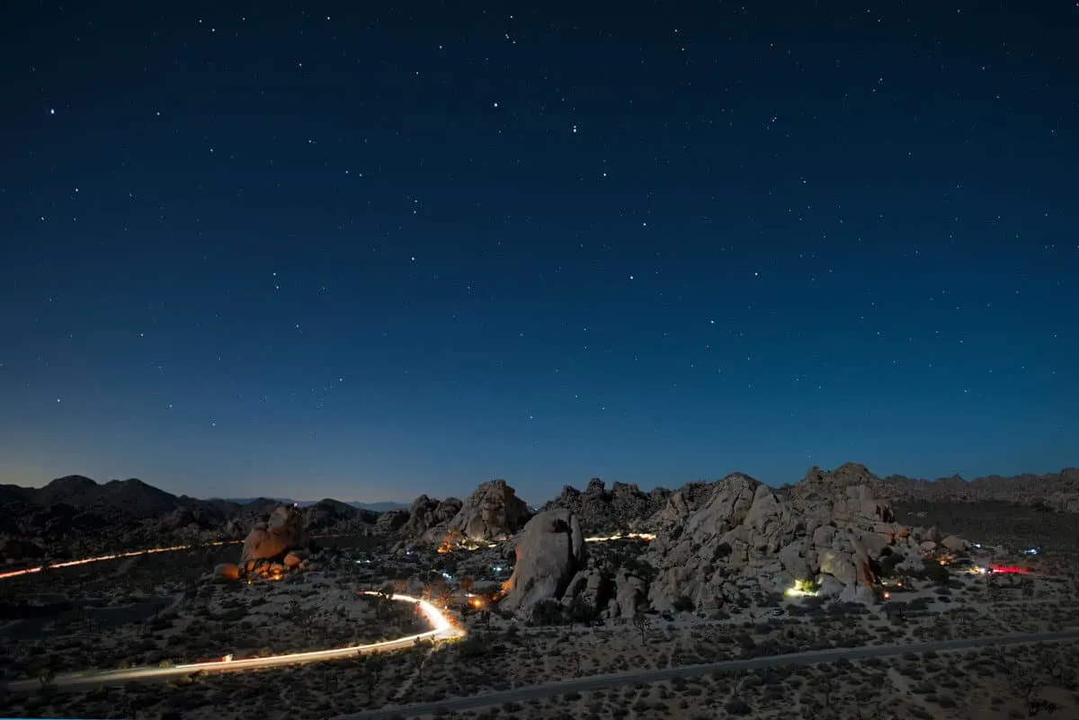 Hidden Valley camp site in Joshua tree National Park at night