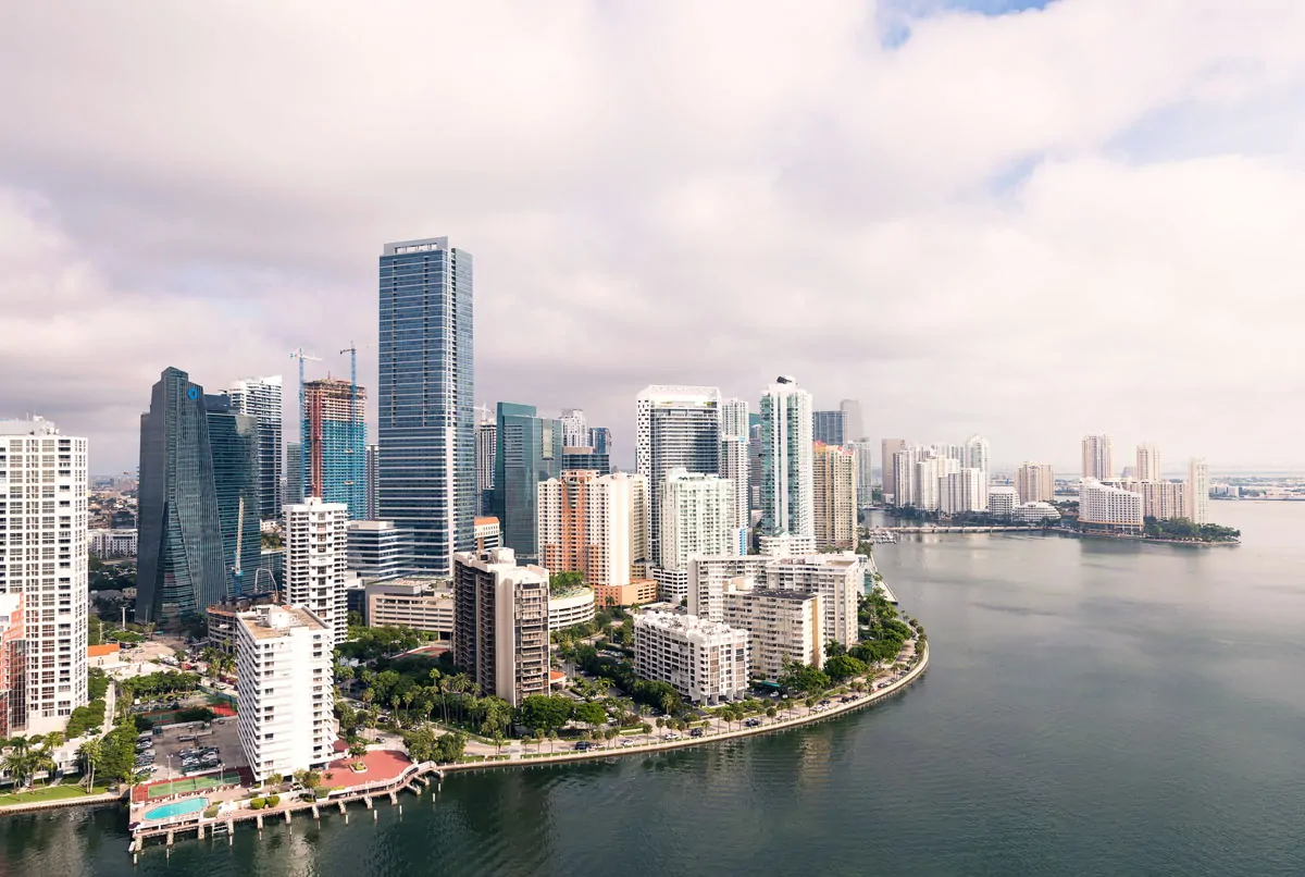 Aerial view of Downtown Miami and Brickell. Both are great places to stay in Miami for visitors. 