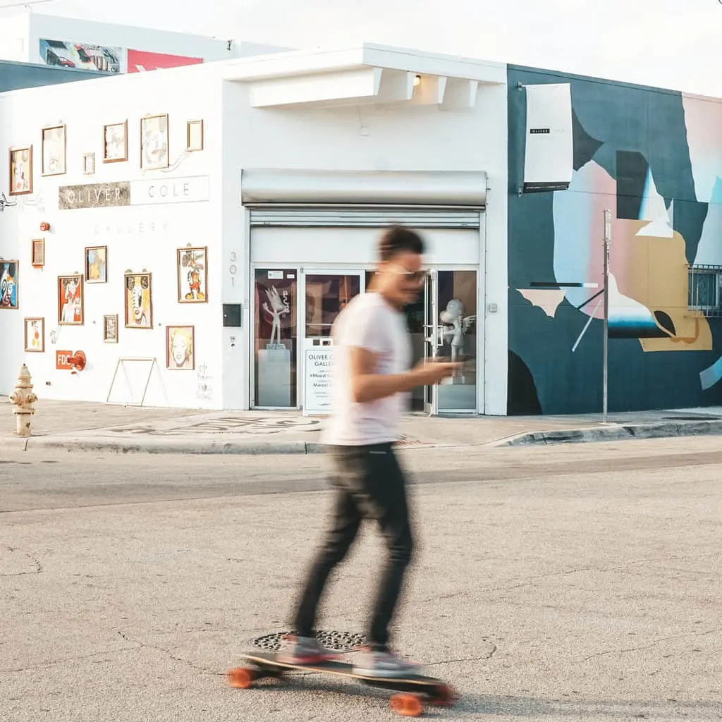 Skateboarding around the Wynwood mural district.