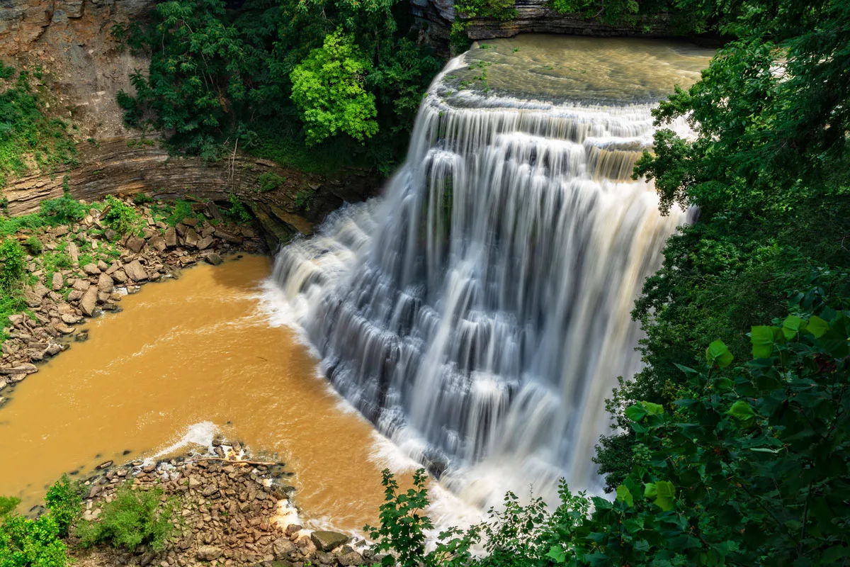 Looking down at the cascade of water at Burgess Falls in Tennessee. 