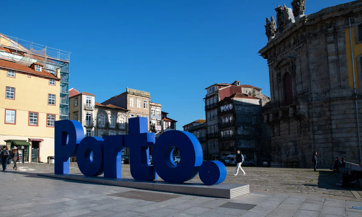 giant blue letters spelling Porto in the city of Porto Portugal