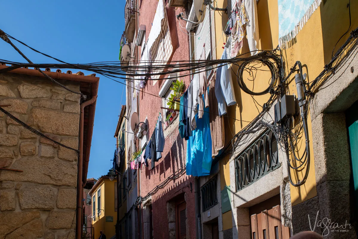 Washing hanging from the windows in the narrow streets of Ribeira in Porto
