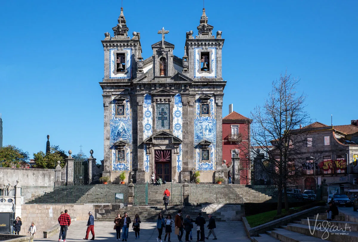Blue tiled exterior of one of Porto's most popular attractions, Church of Saint Ildefonso in Porto. 