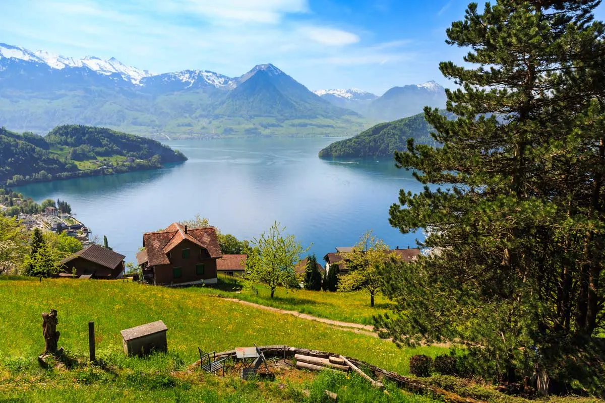 Lake Lucerne and mountains in background from Rigi Railways on the way to Rigi Kulm in Switzerland