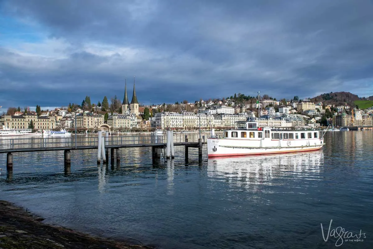 Historic steam boat moored on Lake Lucerne Switzerland