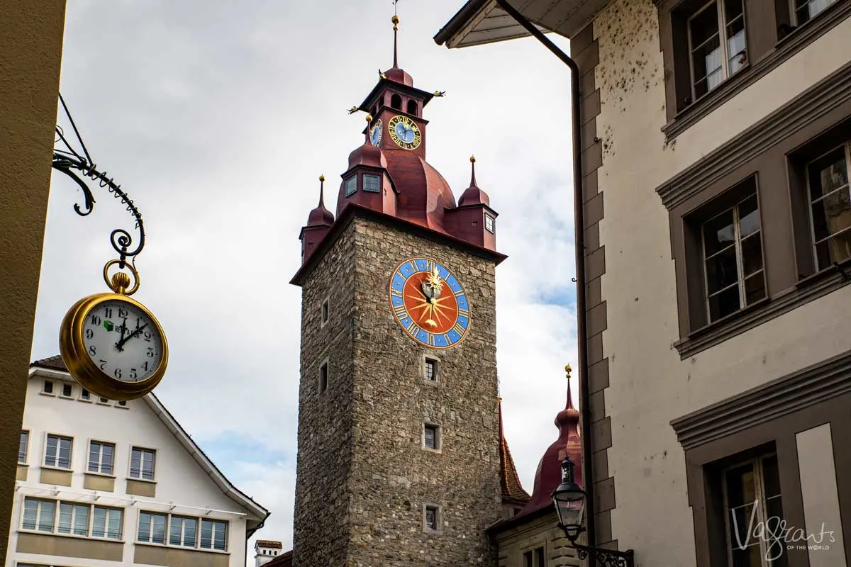 Clock tower in Old Town Lucerne. 