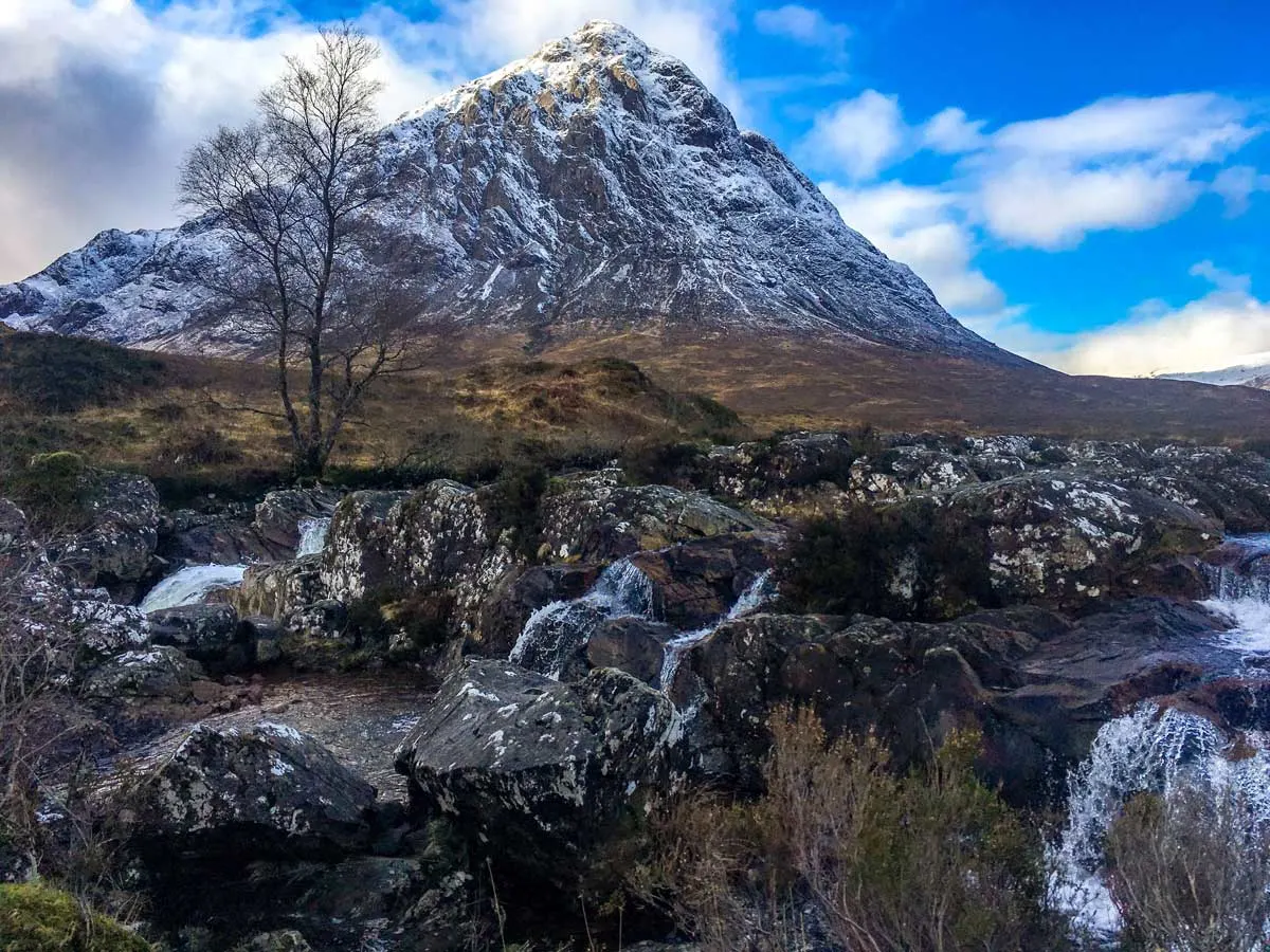 Snow dusted peak of Buachaille Etive Mor, one of the best hikes in Scotland