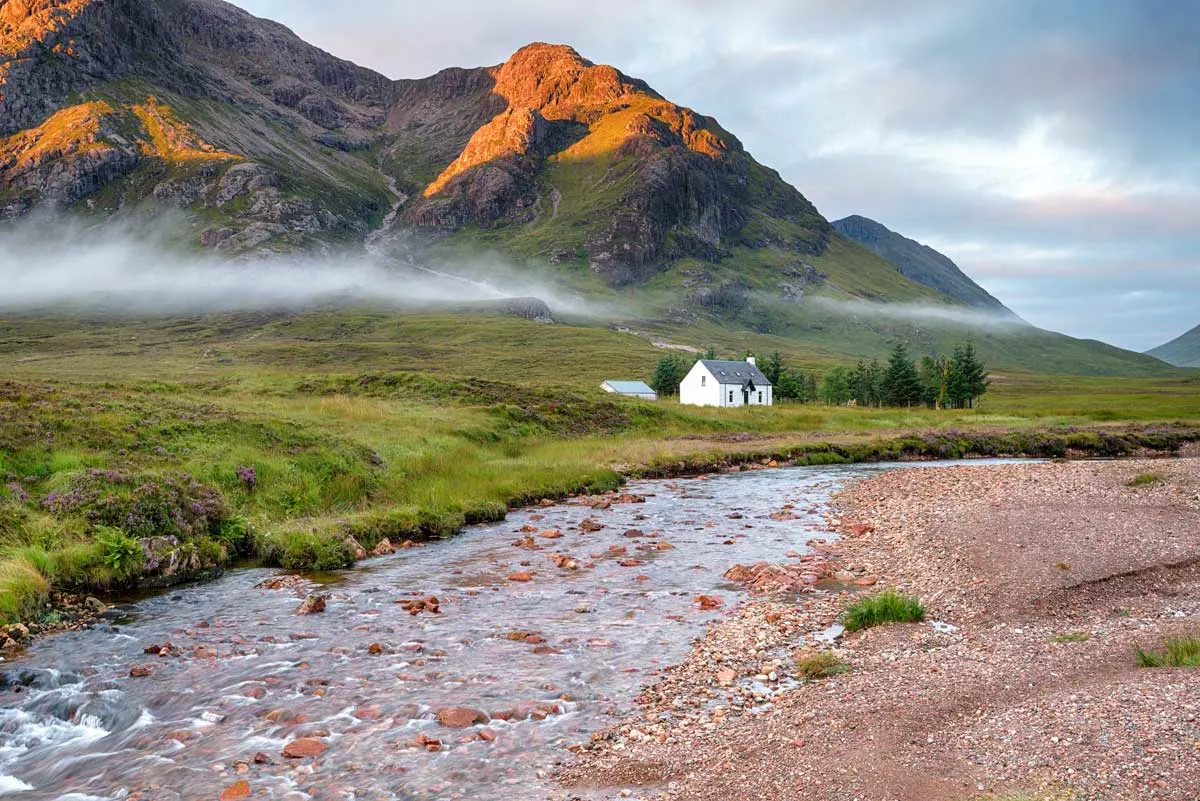 A remote mountain bothy for hikers at the foot of Glencoe in the Scottish Highlands. 