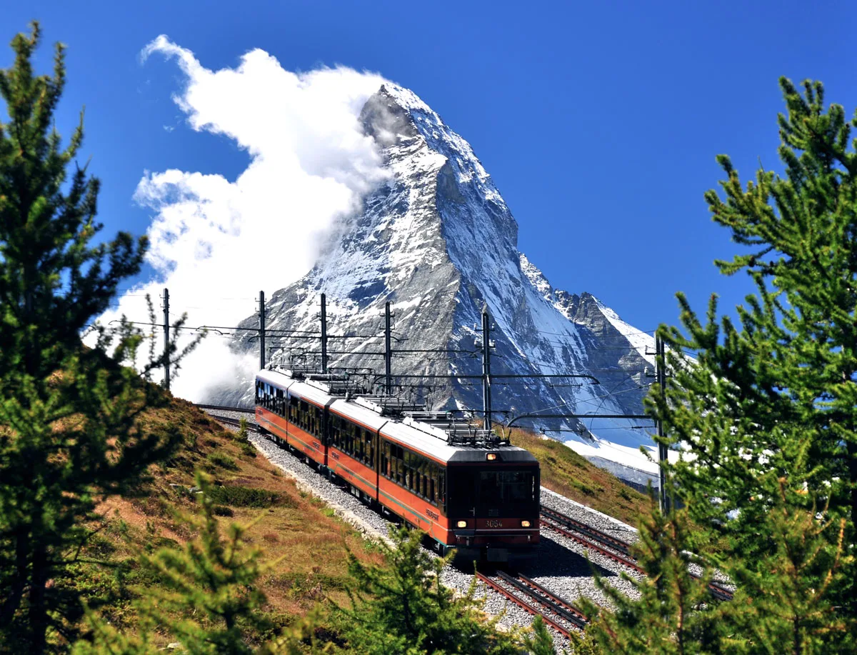 The Gornergrat cog train that runs between Zermatt and the Matterhorn peak. 