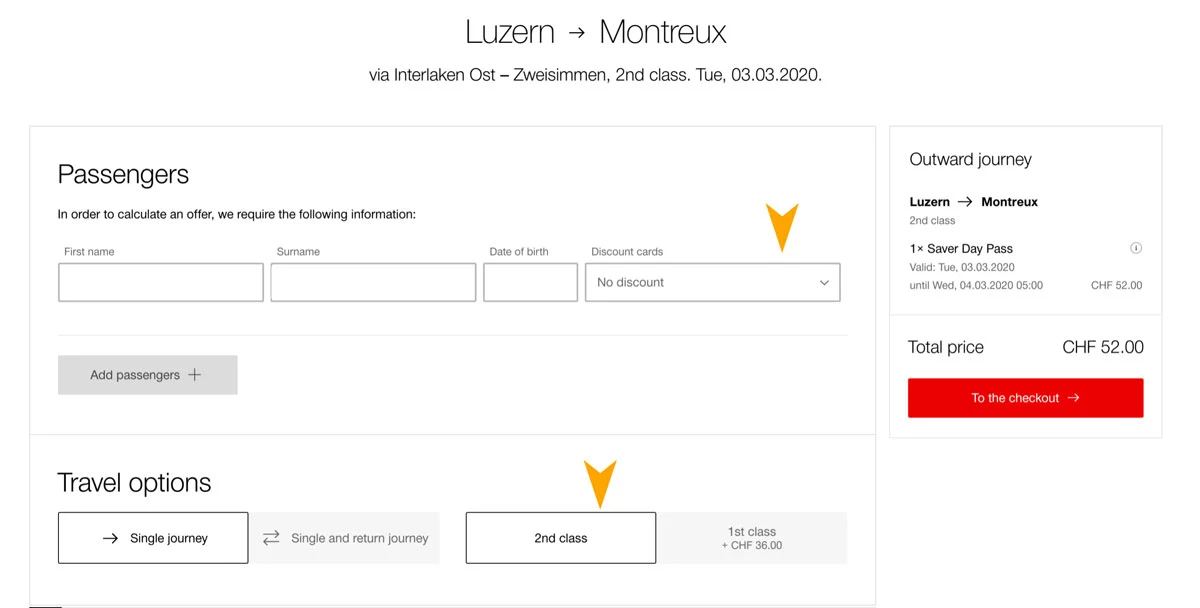 A page view of the SBB booking site to show how to book Golden Pass Line tickets from Interlaken to Montreux Switzerland.