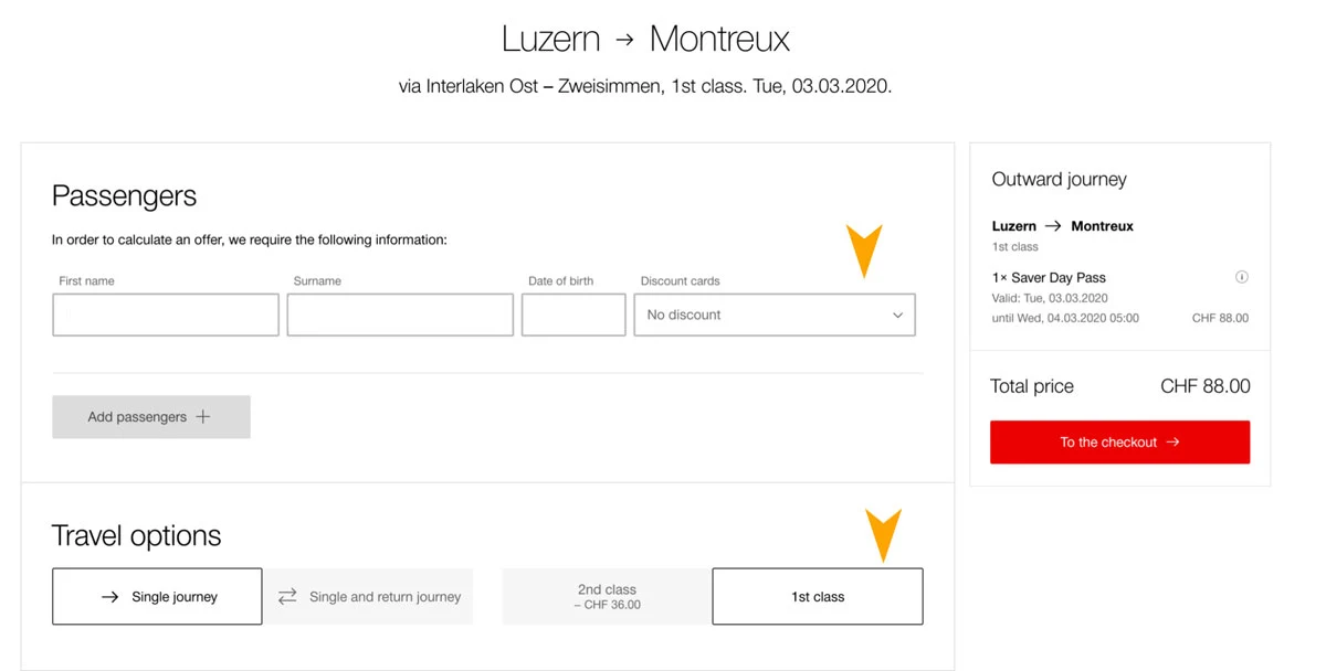 A page view of the SBB booking site to show how to book Golden Pass Line tickets from Interlaken to Montreux Switzerland.