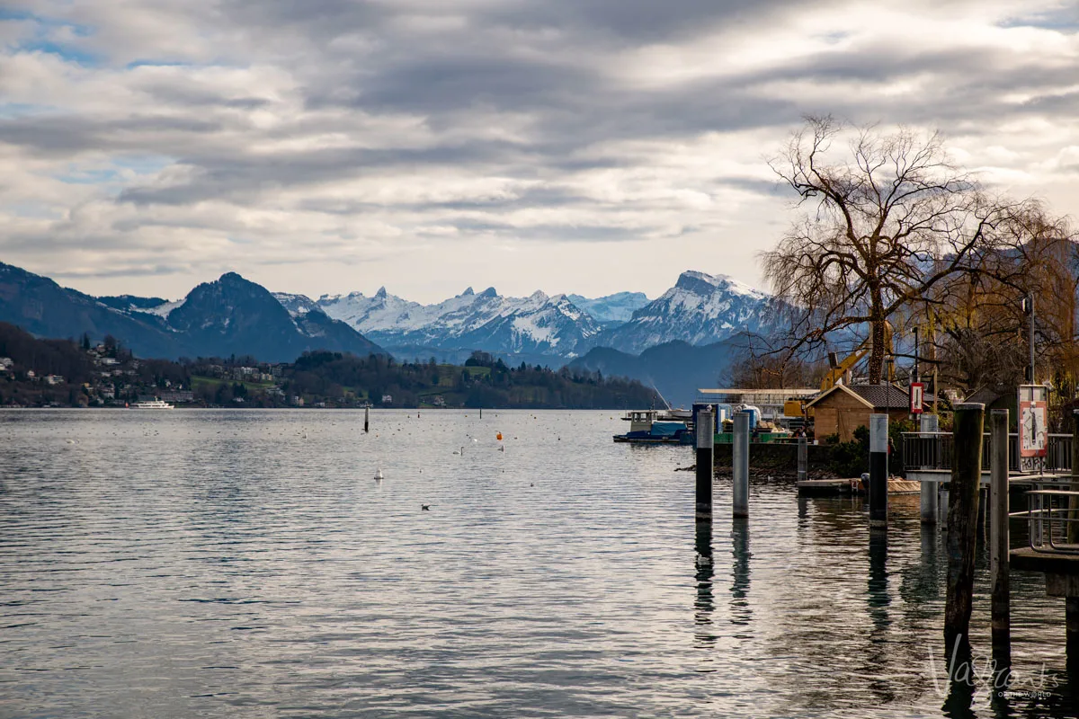 Lake Lucerne Switzerland with jetty's and boat shed.