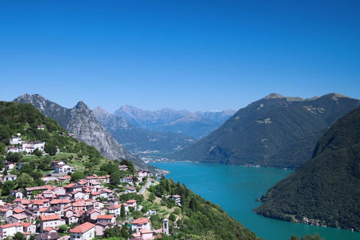 Lugano, one of the most beautiful cities in Switzerland with its view of lake Lugano and mountains. 