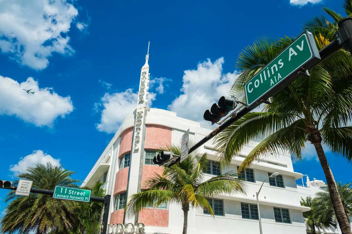 Famous art deco buildings 11 Street and Collins Ave, Miami.