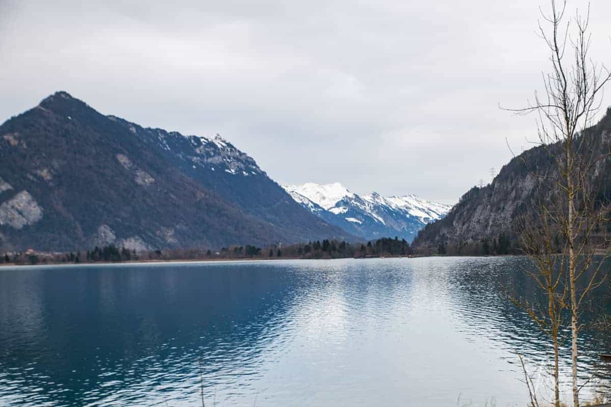 Views over a lake to the Swiss Alps