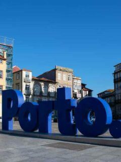 giant blue letters spelling Porto in the city of Porto Portugal