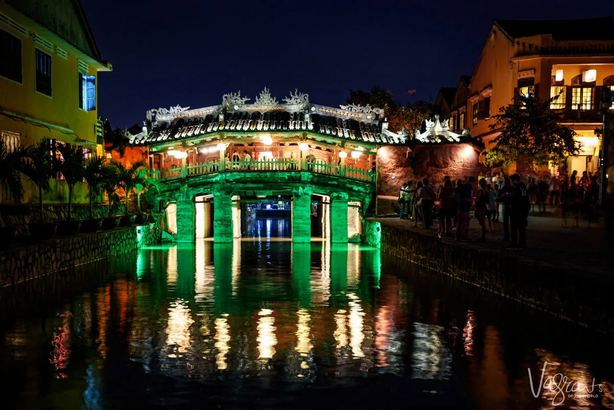 The Japanese covered bridge in Hoi An Vietnam lit up at night. One of the most popular attractions in Hoi An.