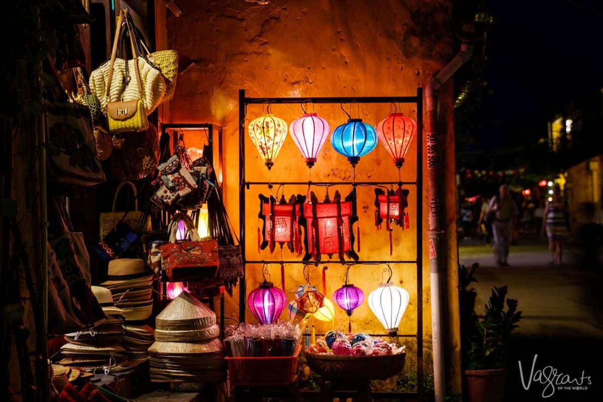 Handmade lanterns lit up outside a street stall in the old town of Hoi An. 