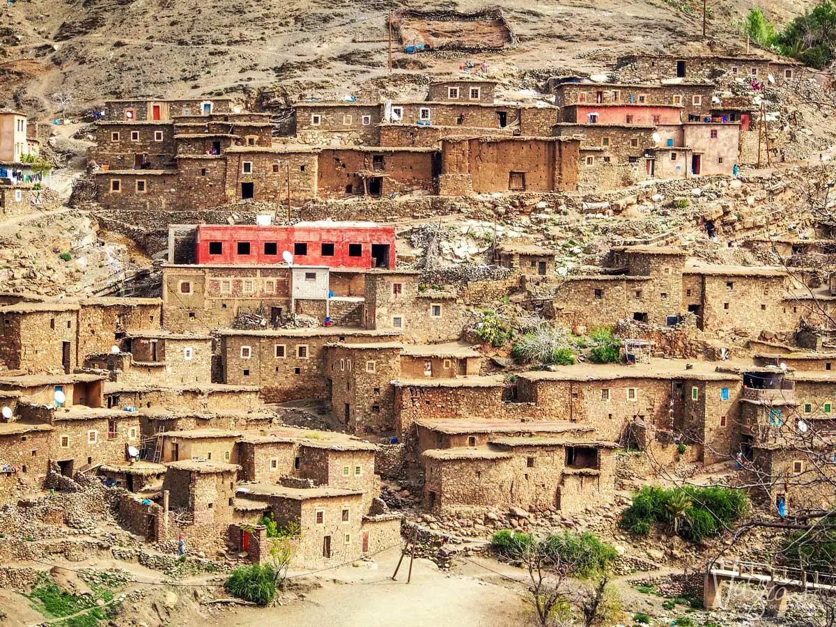 Mountain village clinging to the hillside, Atlas Mountains.