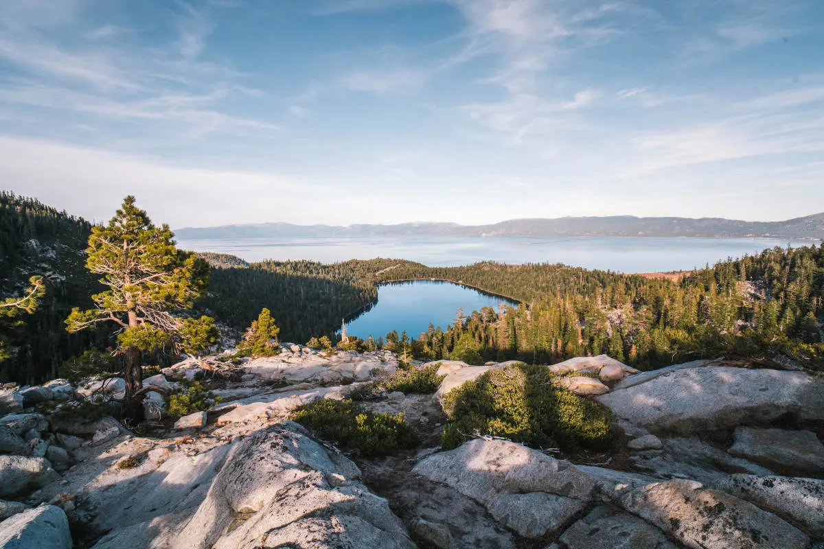 Hiking over rocky outcrops in Lake Tahoe.