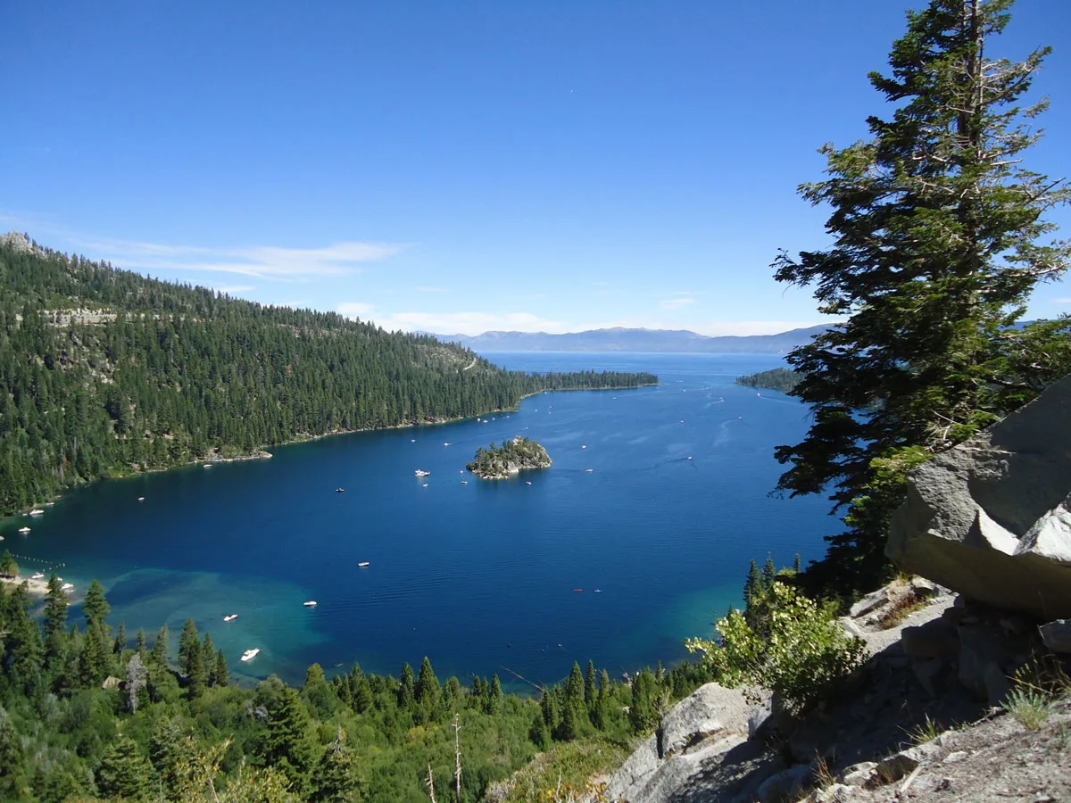 The blue lake with central islet in Emerald Bay State Park Lake Tahoe. 