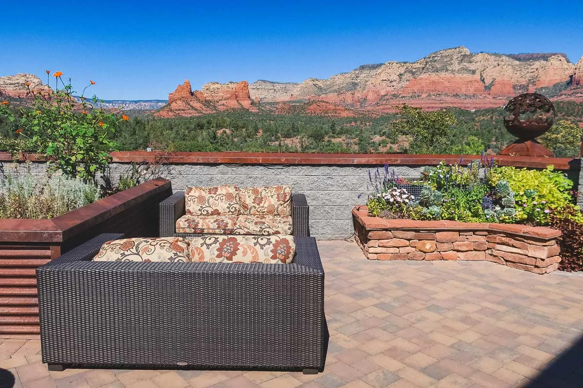 Looking over the outdoor terrace at the red rock landscape at Mariposa Latin Grill in Sedona