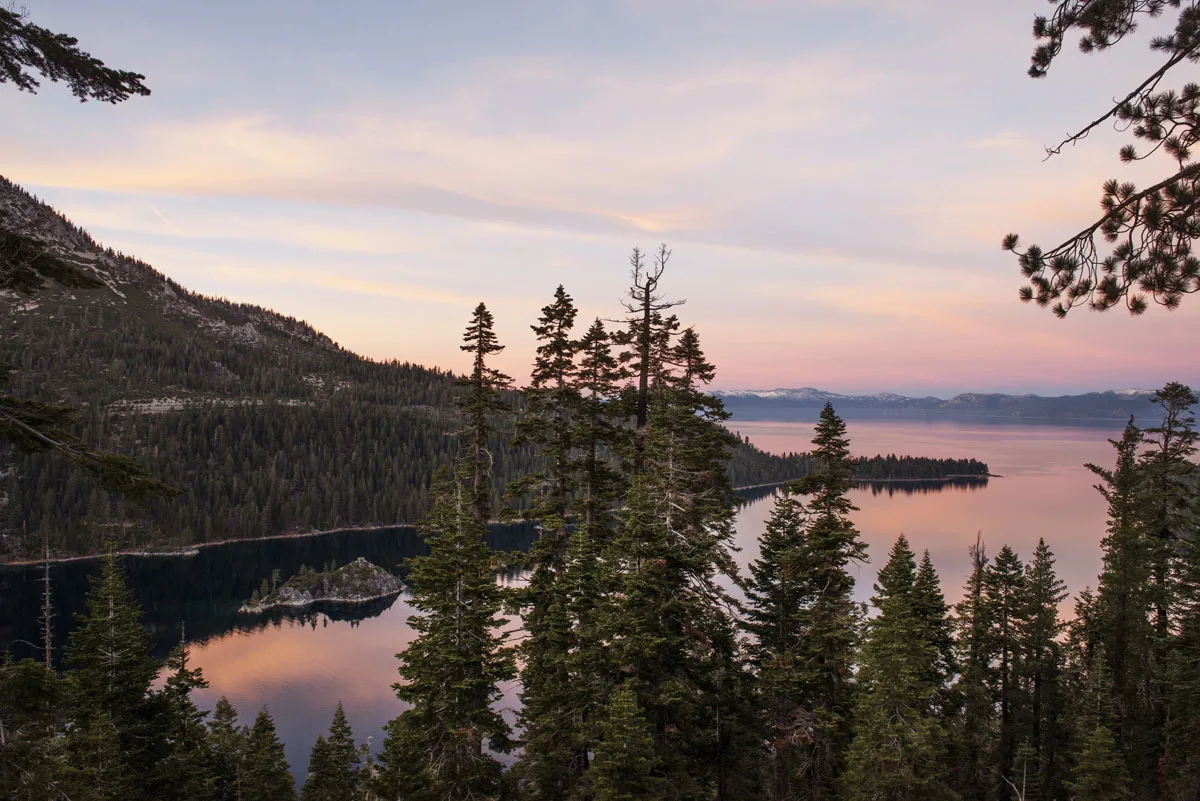 Lake Tahoe at dusk from a lookout