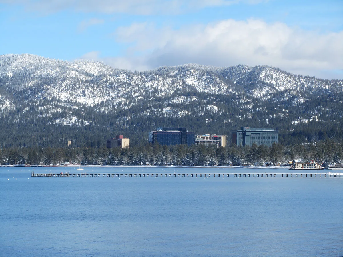 South lake Tahoe pier, hotels and casinos.