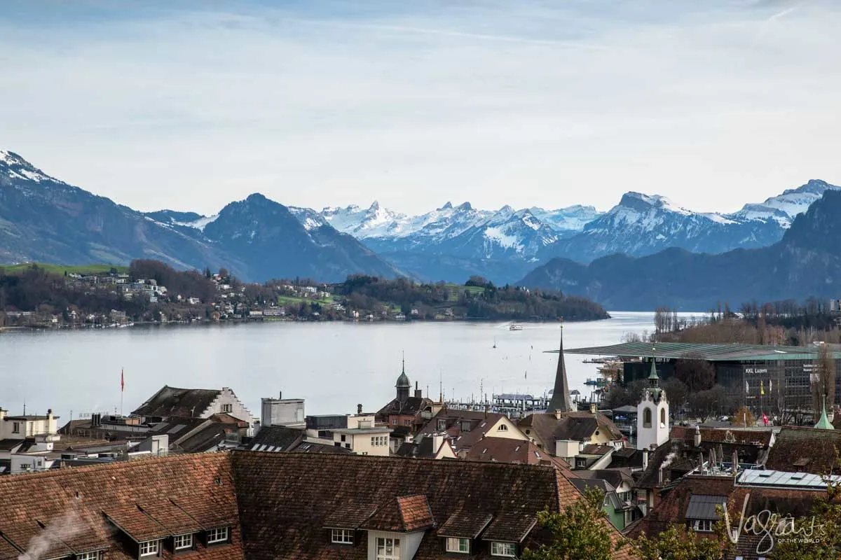 Lucerne town, the lake and Swiss Alps in the background