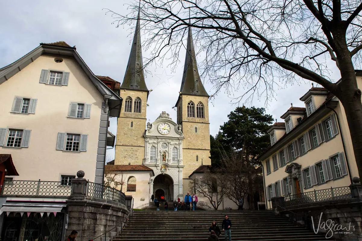 The twin spires of the Church of St. Leodegar in Lucerne.