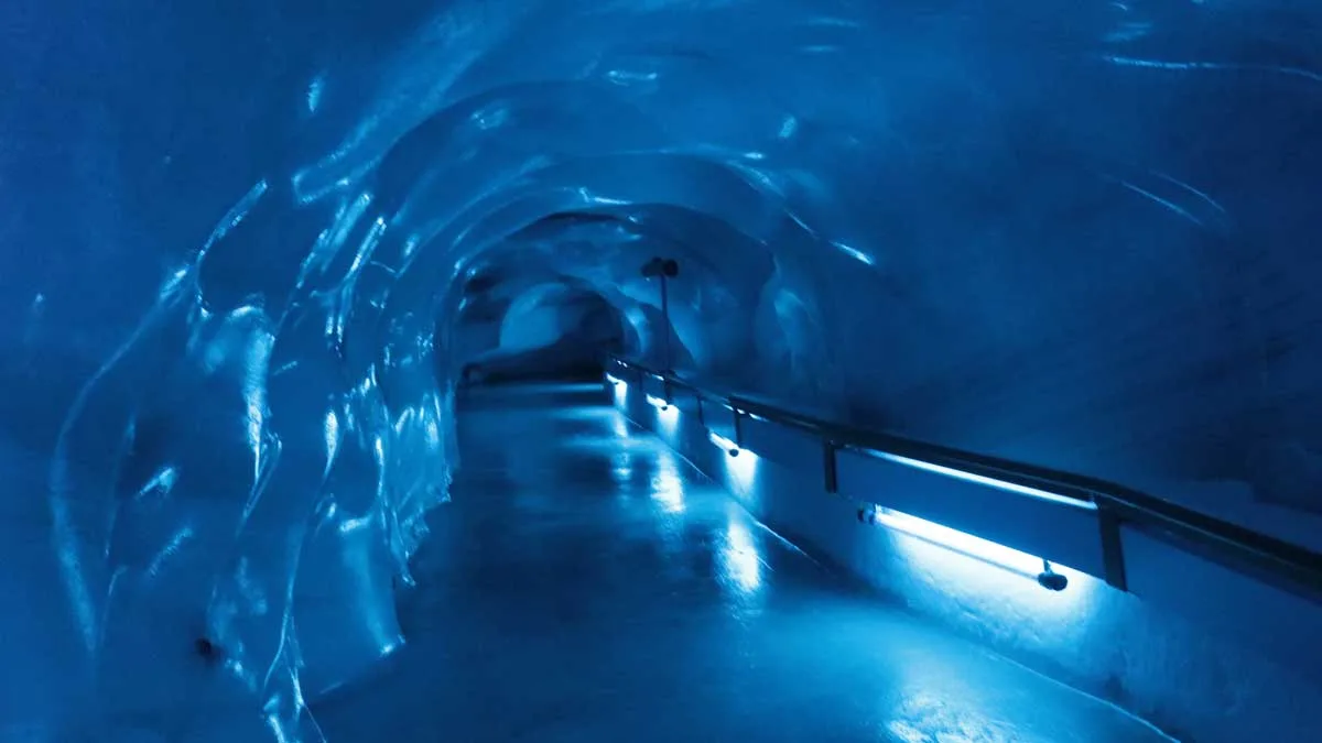 The blue tunnels inside the Glacier Cave on Mount Titlis. 