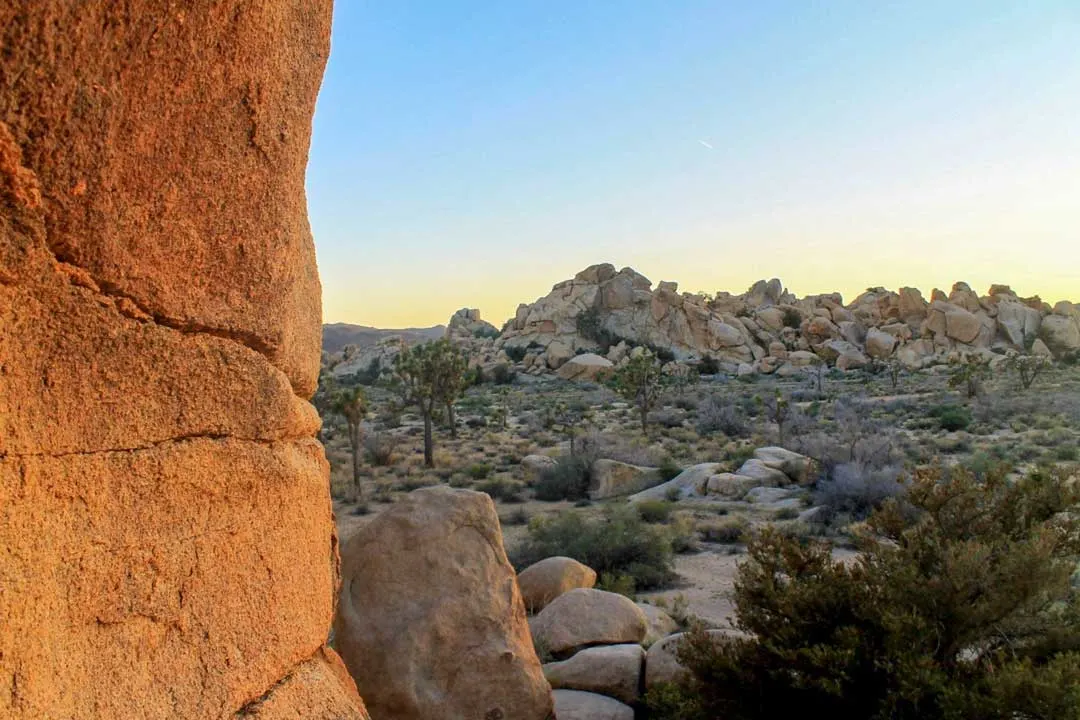 Rocky landscape at dusk at Hidden Valley in Joshua Tree National Park