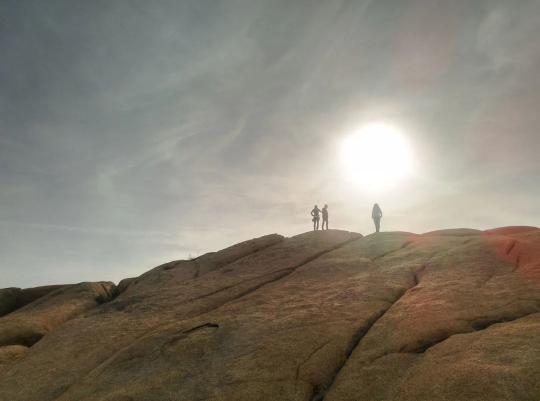 people standing on top of a large boulder looking into the sun in Joshua Tree NP
