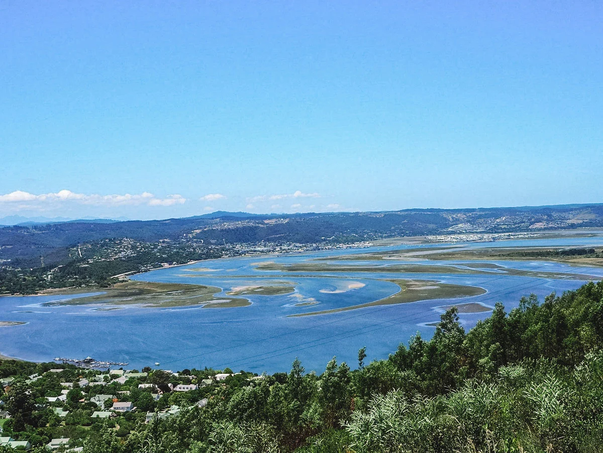 Knysna Lagoon with swirling green islands.