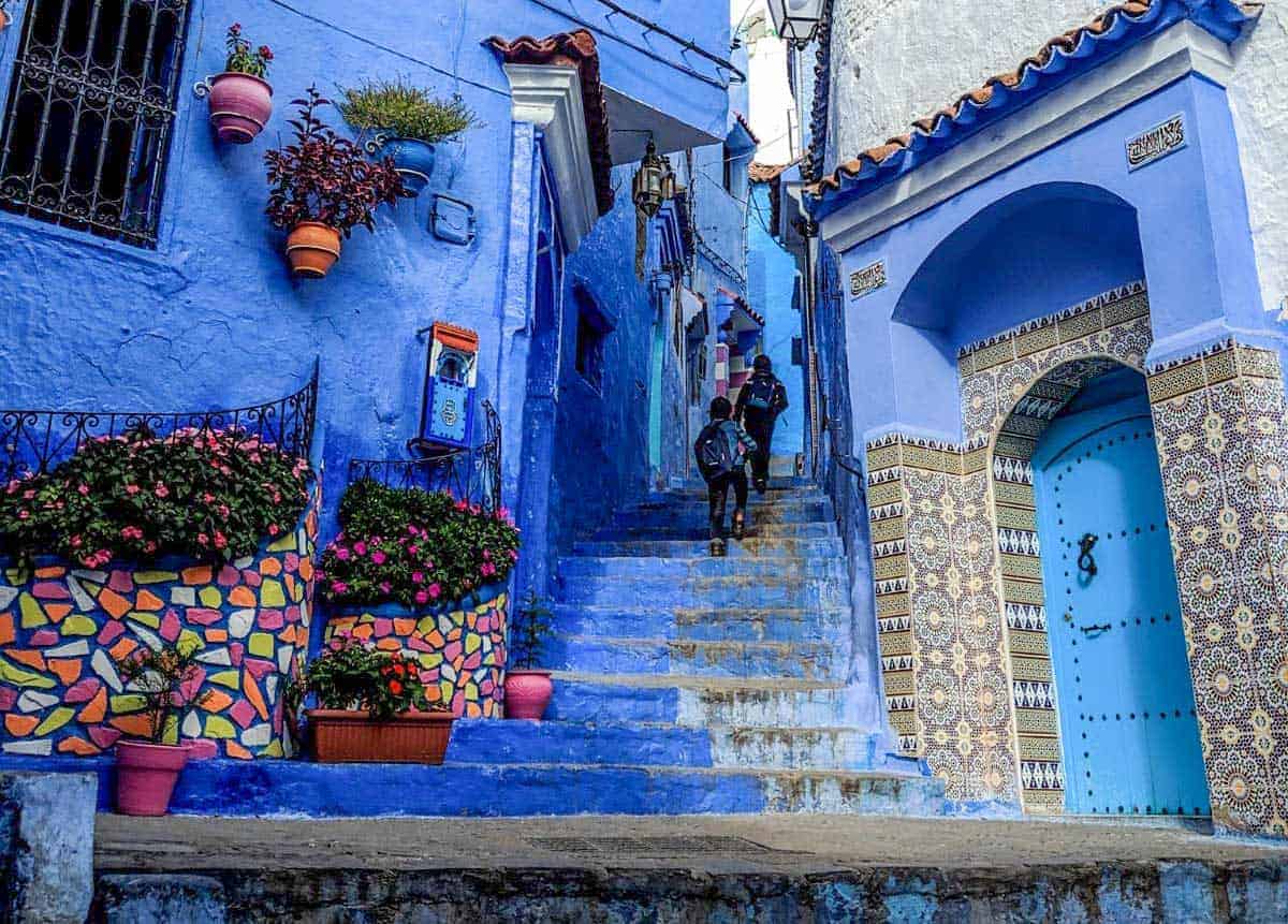 Blue stone walls and steps with colourful potted plants.