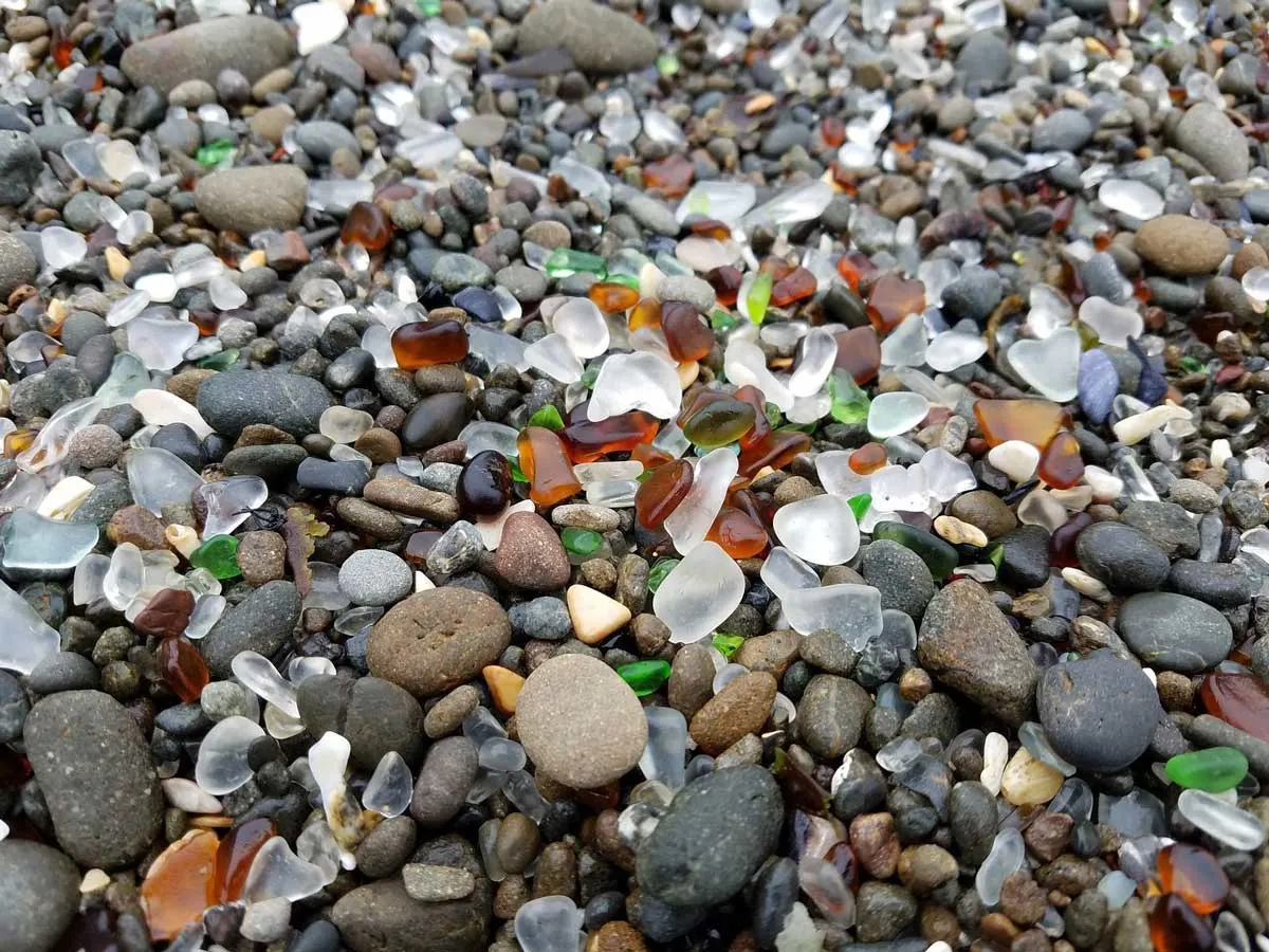 Multi coloured pebbles and sea glass at Glass Beach in Fort Bragg