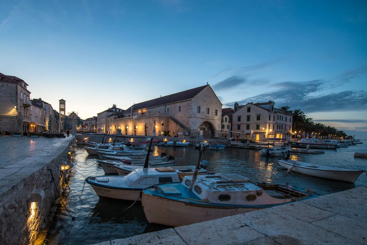 Boats moored in the evening on Hvar Island, Croatia.