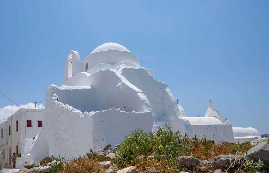 White Greek Panagia Paraportiani Church and ruins.