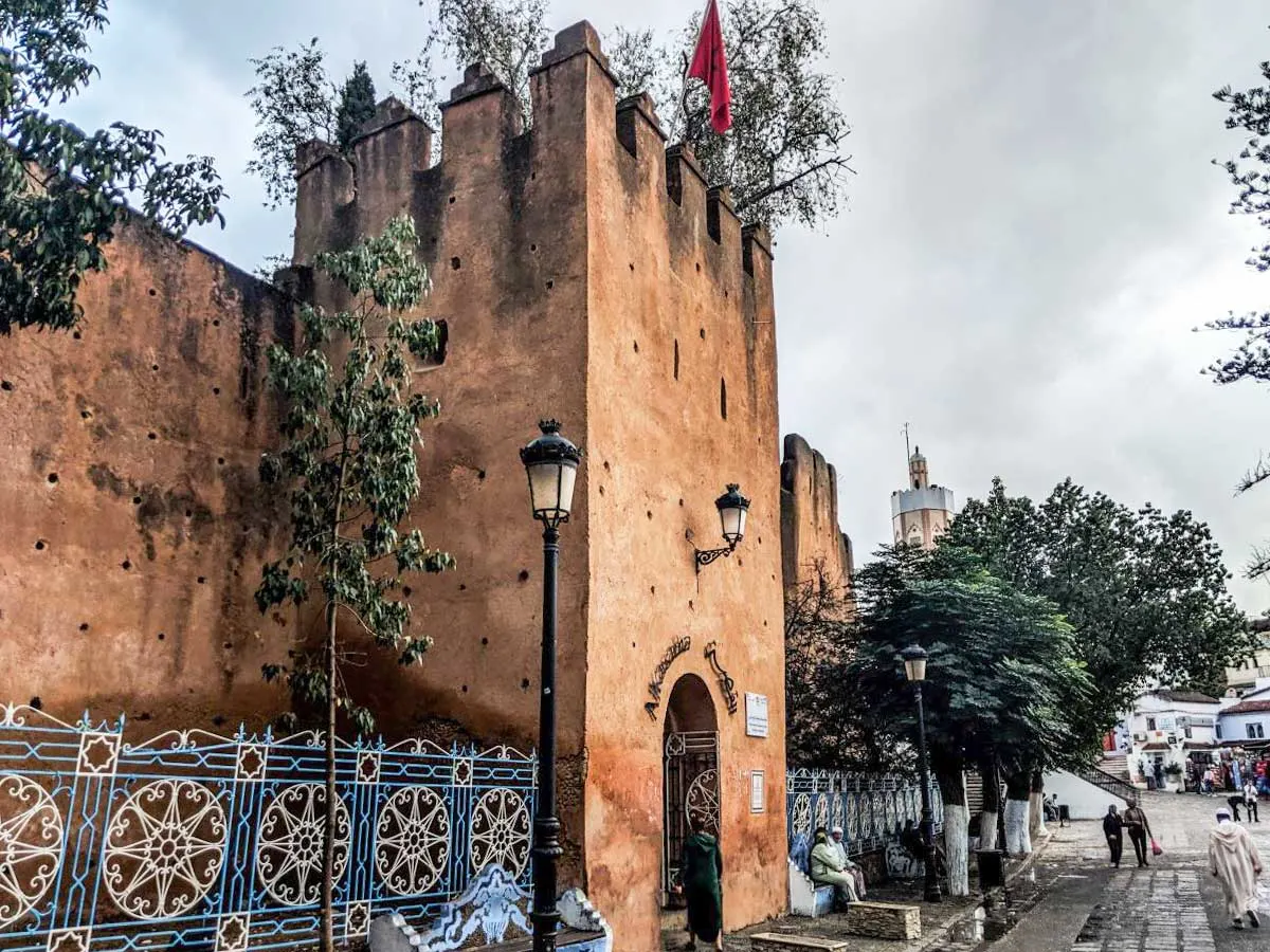 Walled gate entry to the medina and main square of Place Outa el Hammam Chefchaouen.