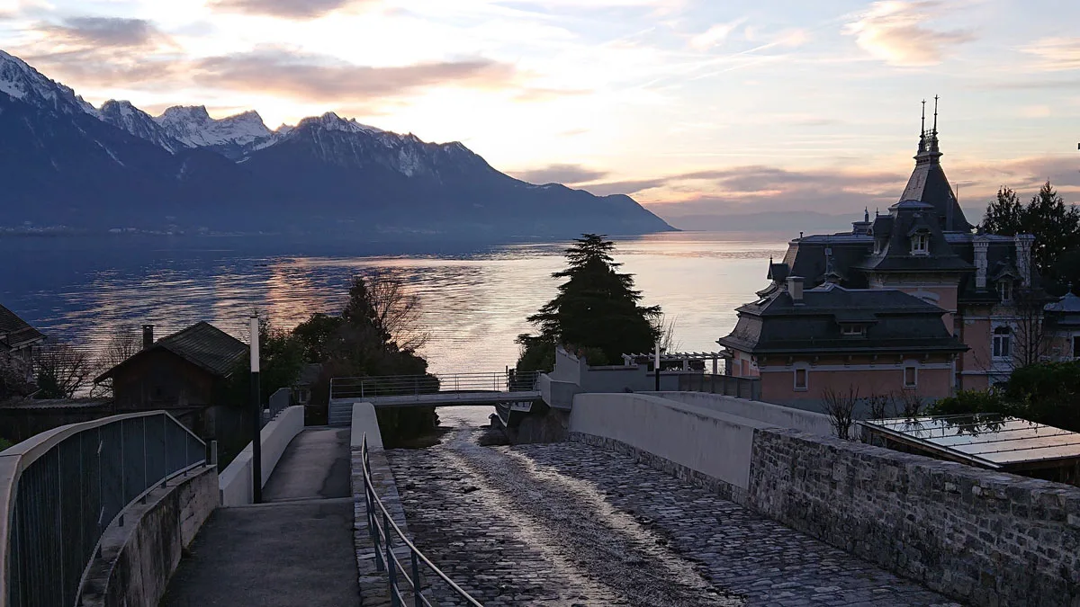 Walkway down to the lake at dusk twilight Montreux