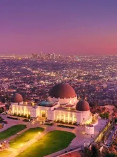 Aerial view of Griffith Observatory LA at sunset.