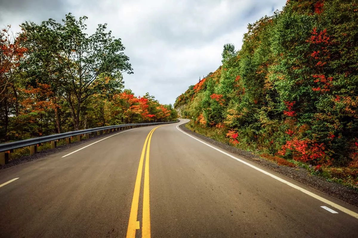 Fall foliage lines the highway on a road trip to Cabot Trail, Nova Scotia