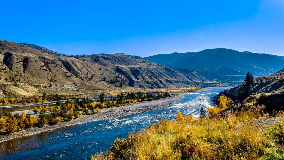 golden foliage along a river a great place for a picnic on your Canada road trip.