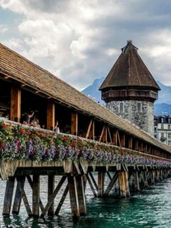 Flowers cascading down the sides of the old covered wooden walking bridge in Lucern.