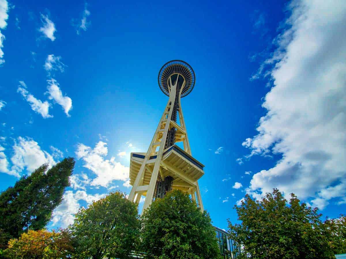 Looking up at the Space Needle, the base is a great place for a picnic in Seattle.