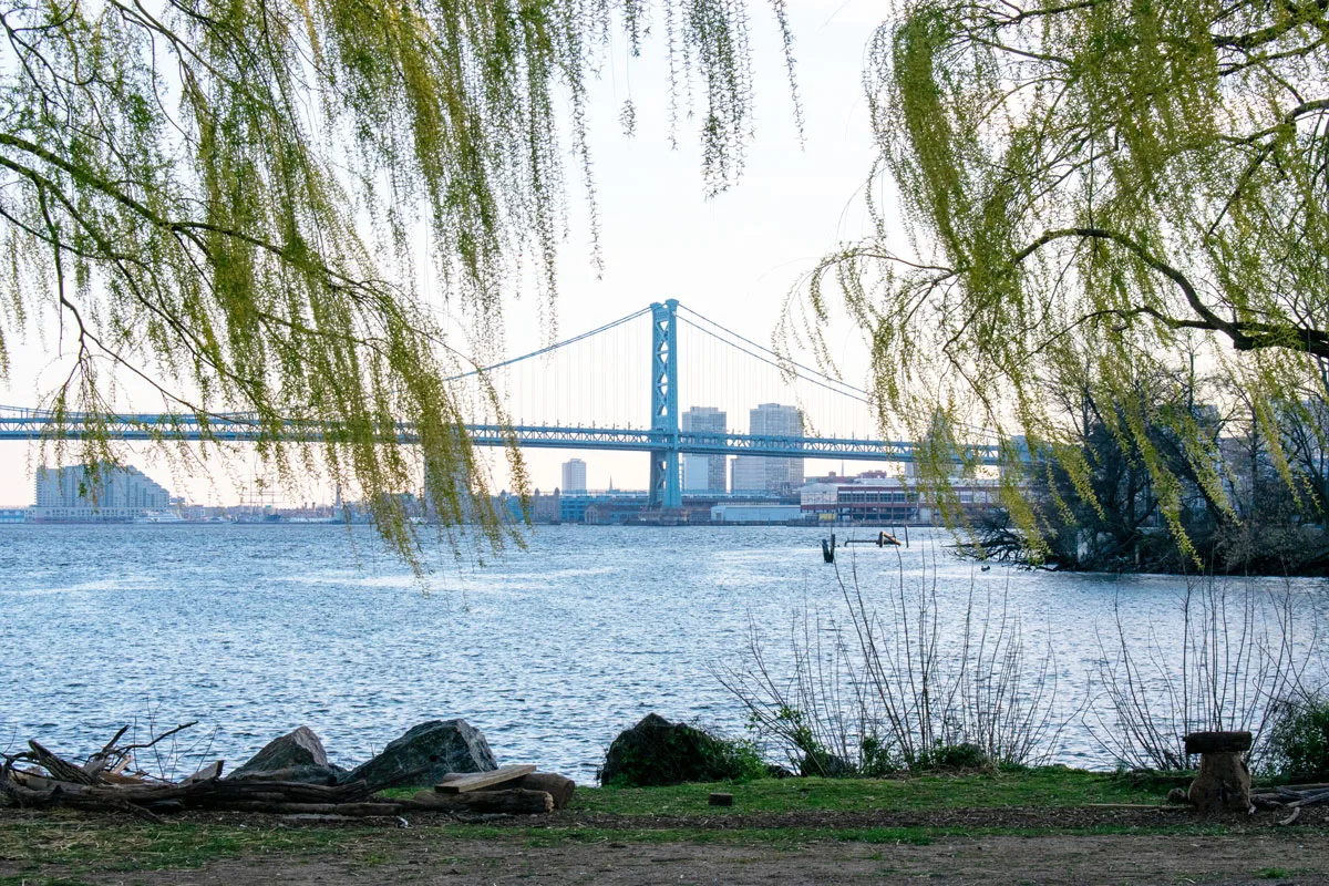 River with bridge in Penn treaty Park. 