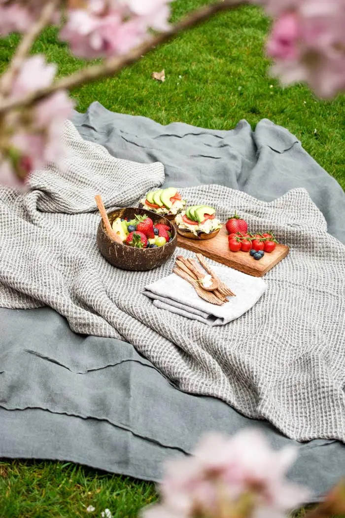 Picnic setting on a blanket with wooden forks and a platter of vine tomatoes, avacado and salad on an open roll with a bowl of fruit salad.