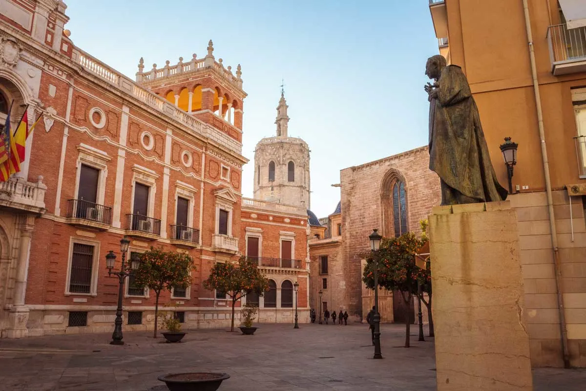 Statues and spires along the pedestrian friendly streets of Valencia.