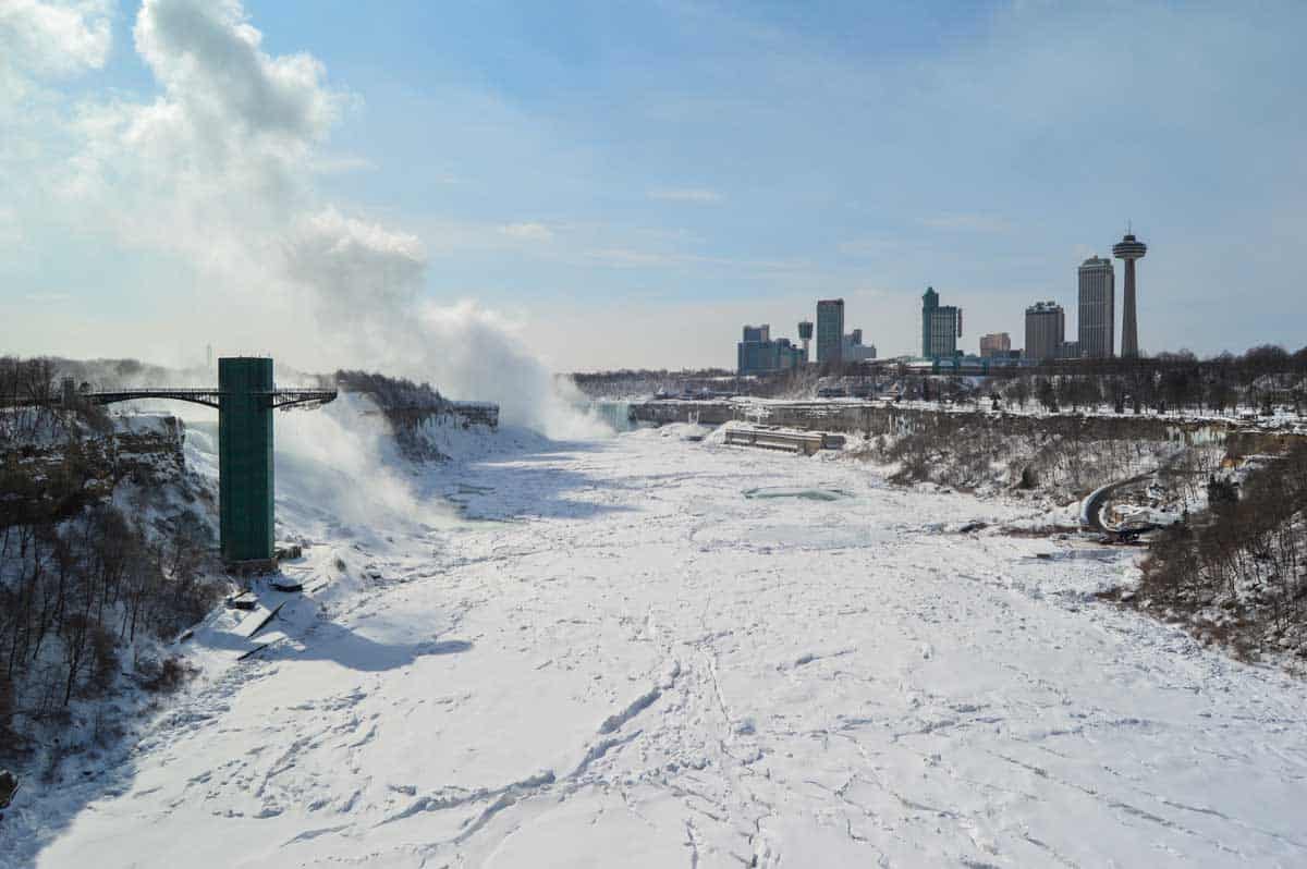 Frozen rivers surround the cities at Niagara Falls.