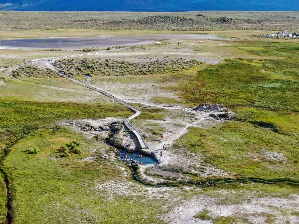 Aerial view of Wild Willy's hot springs in Mammoth Lakes.